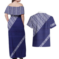 Tonga Queen Salote College Couples Matching Off Shoulder Maxi Dress and Hawaiian Shirt 100 Years Anniversary Navy Color