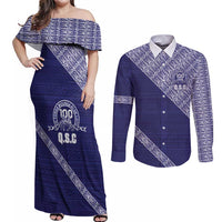 Tonga Queen Salote College Couples Matching Off Shoulder Maxi Dress and Long Sleeve Button Shirt 100 Years Anniversary Navy Color