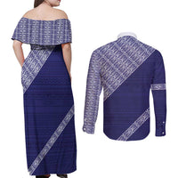 Tonga Queen Salote College Couples Matching Off Shoulder Maxi Dress and Long Sleeve Button Shirt 100 Years Anniversary Navy Color