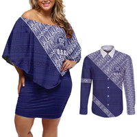 Tonga Queen Salote College Couples Matching Off Shoulder Short Dress and Long Sleeve Button Shirt 100 Years Anniversary Navy Color