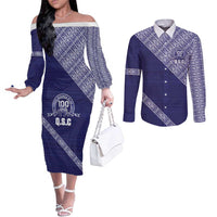 Tonga Queen Salote College Couples Matching Off The Shoulder Long Sleeve Dress and Long Sleeve Button Shirt 100 Years Anniversary Navy Color
