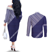 Tonga Queen Salote College Couples Matching Off The Shoulder Long Sleeve Dress and Long Sleeve Button Shirt 100 Years Anniversary Navy Color