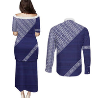 Tonga Queen Salote College Couples Matching Puletasi and Long Sleeve Button Shirt 100 Years Anniversary Navy Color