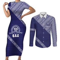 Tonga Queen Salote College Couples Matching Short Sleeve Bodycon Dress and Long Sleeve Button Shirt 100 Years Anniversary Navy Color