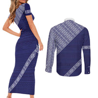 Tonga Queen Salote College Couples Matching Short Sleeve Bodycon Dress and Long Sleeve Button Shirt 100 Years Anniversary Navy Color