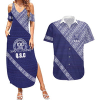Tonga Queen Salote College Couples Matching Summer Maxi Dress and Hawaiian Shirt 100 Years Anniversary Navy Color