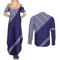 Tonga Queen Salote College Couples Matching Summer Maxi Dress and Long Sleeve Button Shirt 100 Years Anniversary Navy Color