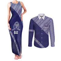 Tonga Queen Salote College Couples Matching Tank Maxi Dress and Long Sleeve Button Shirt 100 Years Anniversary Navy Color
