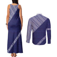 Tonga Queen Salote College Couples Matching Tank Maxi Dress and Long Sleeve Button Shirt 100 Years Anniversary Navy Color