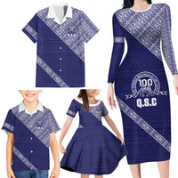 Tonga Queen Salote College Family Matching Long Sleeve Bodycon Dress and Hawaiian Shirt 100 Years Anniversary Navy Color