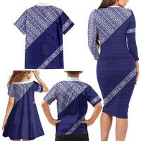 Tonga Queen Salote College Family Matching Long Sleeve Bodycon Dress and Hawaiian Shirt 100 Years Anniversary Navy Color