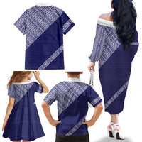 Tonga Queen Salote College Family Matching Off The Shoulder Long Sleeve Dress and Hawaiian Shirt 100 Years Anniversary Navy Color