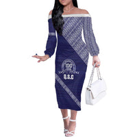Tonga Queen Salote College Family Matching Off The Shoulder Long Sleeve Dress and Hawaiian Shirt 100 Years Anniversary Navy Color