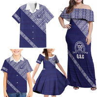 Tonga Queen Salote College Family Matching Off Shoulder Maxi Dress and Hawaiian Shirt 100 Years Anniversary Navy Color