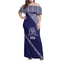 Tonga Queen Salote College Family Matching Off Shoulder Maxi Dress and Hawaiian Shirt 100 Years Anniversary Navy Color