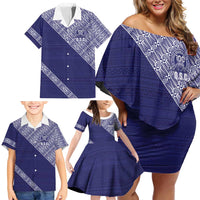 Tonga Queen Salote College Family Matching Off Shoulder Short Dress and Hawaiian Shirt 100 Years Anniversary Navy Color