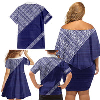 Tonga Queen Salote College Family Matching Off Shoulder Short Dress and Hawaiian Shirt 100 Years Anniversary Navy Color