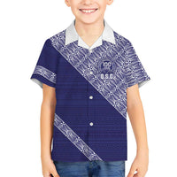 Tonga Queen Salote College Family Matching Off Shoulder Short Dress and Hawaiian Shirt 100 Years Anniversary Navy Color