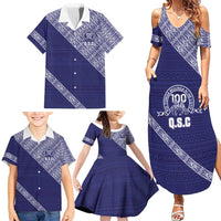 Tonga Queen Salote College Family Matching Summer Maxi Dress and Hawaiian Shirt 100 Years Anniversary Navy Color