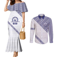 Tonga Queen Salote College Couples Matching Mermaid Dress and Long Sleeve Button Shirt 100 Years Anniversary White Color