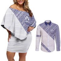 Tonga Queen Salote College Couples Matching Off Shoulder Short Dress and Long Sleeve Button Shirt 100 Years Anniversary White Color