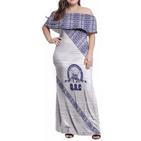 Tonga Queen Salote College Family Matching Off Shoulder Maxi Dress and Hawaiian Shirt 100 Years Anniversary White Color