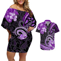 Polynesia Paisley Couples Matching Off Shoulder Short Dress and Hawaiian Shirt Mix Purple Polynesian Pattern LT05 Purple - Polynesian Pride