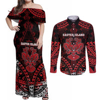 Personalised Easter Island Couples Matching Off Shoulder Maxi Dress and Long Sleeve Button Shirt Polynesian Pattern Emblem