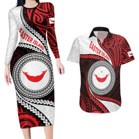 Easter Island Couples Matching Long Sleeve Bodycon Dress and Hawaiian Shirt Moai Statues Polynesian Style LT05 Red - Polynesian Pride