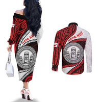 Easter Island Couples Matching Off The Shoulder Long Sleeve Dress and Long Sleeve Button Shirt Moai Statues Polynesian Style