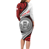Easter Island Family Matching Long Sleeve Bodycon Dress and Hawaiian Shirt Moai Statues Polynesian Style LT05 - Polynesian Pride