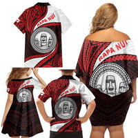 Easter Island Family Matching Off Shoulder Short Dress and Hawaiian Shirt Moai Statues Polynesian Style