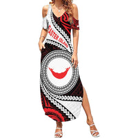 Easter Island Family Matching Summer Maxi Dress and Hawaiian Shirt Moai Statues Polynesian Style LT05 Mom's Dress Red - Polynesian Pride