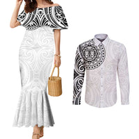 New Zealand Aotearoa Couples Matching Mermaid Dress and Long Sleeve Button Shirt Maori Te Mata O Rongokako LT05 White - Polynesian Pride