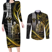 Hawaii Kuhio The Citizen Prince Couples Matching Long Sleeve Bodycon Dress and Long Sleeve Button Shirt Gold Polynesian Tribal Tattoo