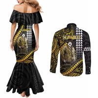 Hawaii Kuhio The Citizen Prince Couples Matching Mermaid Dress and Long Sleeve Button Shirt Gold Polynesian Tribal Tattoo