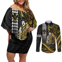Hawaii Kuhio The Citizen Prince Couples Matching Off Shoulder Short Dress and Long Sleeve Button Shirt Gold Polynesian Tribal Tattoo LT05 Gold - Polynesian Pride