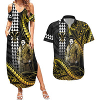 Hawaii Kuhio The Citizen Prince Couples Matching Summer Maxi Dress and Hawaiian Shirt Gold Polynesian Tribal Tattoo
