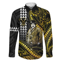 Hawaii Kuhio The Citizen Prince Family Matching Off The Shoulder Long Sleeve Dress and Hawaiian Shirt Gold Polynesian Tribal Tattoo LT05 Dad's Shirt - Long Sleeve Gold - Polynesian Pride