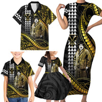 Hawaii Kuhio The Citizen Prince Family Matching Short Sleeve Bodycon Dress and Hawaiian Shirt Gold Polynesian Tribal Tattoo LT05 - Polynesian Pride