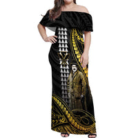 Hawaii Kuhio The Citizen Prince Off Shoulder Maxi Dress Gold Polynesian Tribal Tattoo LT05 Women Gold - Polynesian Pride
