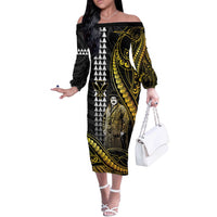 Hawaii Kuhio The Citizen Prince Off The Shoulder Long Sleeve Dress Gold Polynesian Tribal Tattoo LT05 Women Gold - Polynesian Pride
