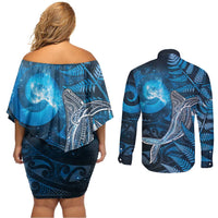 New Zealand Matariki Couples Matching Off Shoulder Short Dress and Long Sleeve Button Shirt Maori Koru With Humpback Whale Blue LT05 - Polynesian Pride