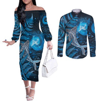 New Zealand Matariki Couples Matching Off The Shoulder Long Sleeve Dress and Long Sleeve Button Shirt Maori Koru With Humpback Whale Blue