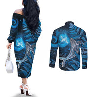 New Zealand Matariki Couples Matching Off The Shoulder Long Sleeve Dress and Long Sleeve Button Shirt Maori Koru With Humpback Whale Blue