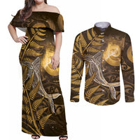 New Zealand Matariki Couples Matching Off Shoulder Maxi Dress and Long Sleeve Button Shirt Maori Koru With Humpback Whale Gold LT05 Gold - Polynesian Pride