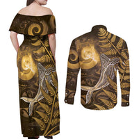 New Zealand Matariki Couples Matching Off Shoulder Maxi Dress and Long Sleeve Button Shirt Maori Koru With Humpback Whale Gold LT05 - Polynesian Pride