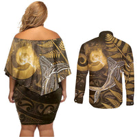 New Zealand Matariki Couples Matching Off Shoulder Short Dress and Long Sleeve Button Shirt Maori Koru With Humpback Whale Gold LT05 - Polynesian Pride