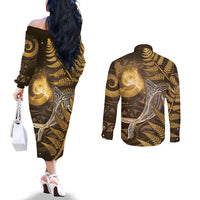 New Zealand Matariki Couples Matching Off The Shoulder Long Sleeve Dress and Long Sleeve Button Shirt Maori Koru With Humpback Whale Gold LT05 - Polynesian Pride