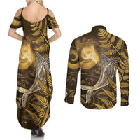 New Zealand Matariki Couples Matching Summer Maxi Dress and Long Sleeve Button Shirt Maori Koru With Humpback Whale Gold LT05 - Polynesian Pride